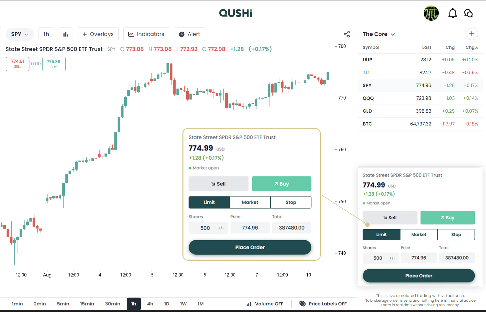SPY order ticket showing a simulated stock trade placed with virtual cash